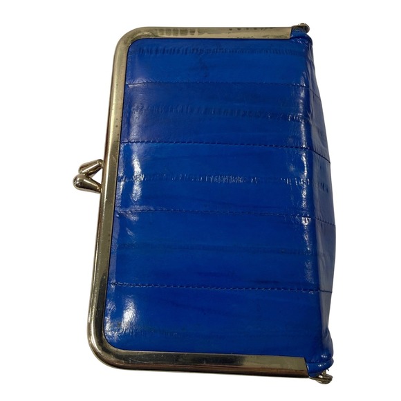 Vintage Coin Purse Eel Skin Clam Shell Make Up Bag Kiss Lock Frame Mirrored Blue - Picture 7 of 15